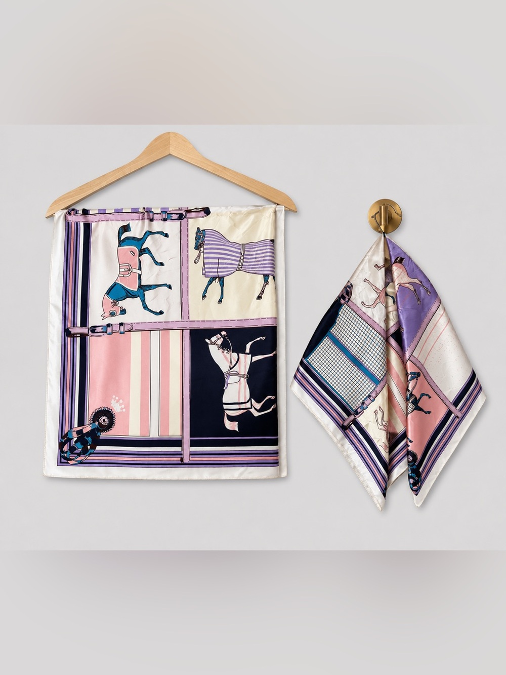 Equestrian Horse Print Satin Scarf Square Head Neck Scarf Pink Navy pastels